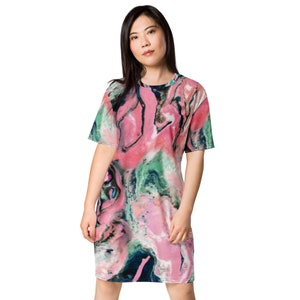T-Shirt Dresses for Women, Pink Abstract Art Design, All Over Print, Comfy, Polyester, Casual, Daytime Dress, Night Shirt, 2XS-6XL