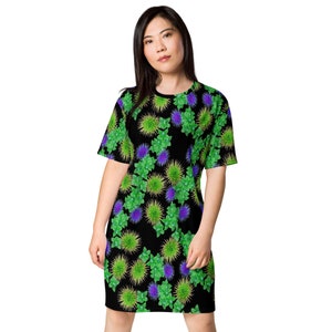 T-Shirt Dress For Women, Colorful Flowers Pattern Design, All Over Print, Comfy, Polyester, Daytime Dress, Night Shirt, 2XS-6XL