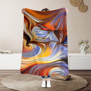 Pode incluir: Impressão de arte abstrata com linhas em espiral em tons de azul, laranja, amarelo e marrom. A impressão está sobre um fundo branco.