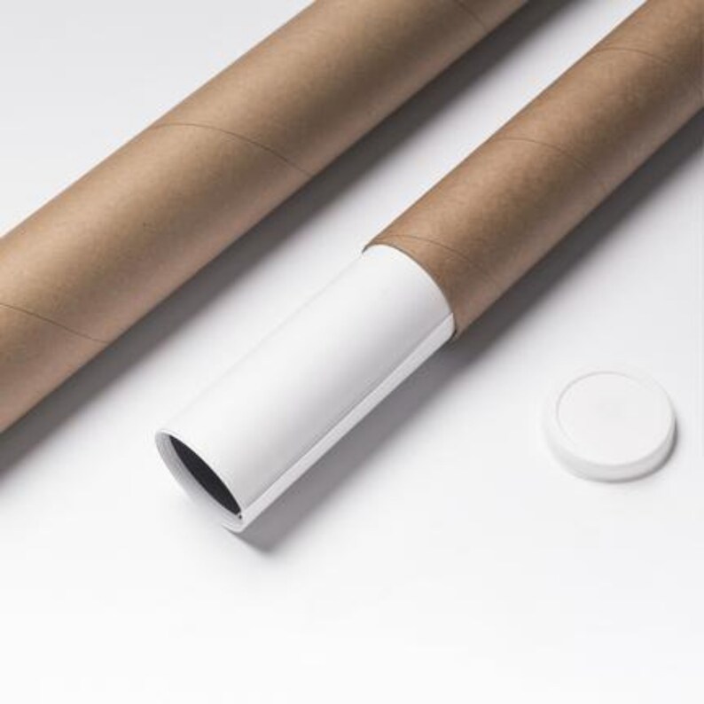 May include: A brown cardboard tube with a white inner tube. The tube is used for shipping posters or prints.