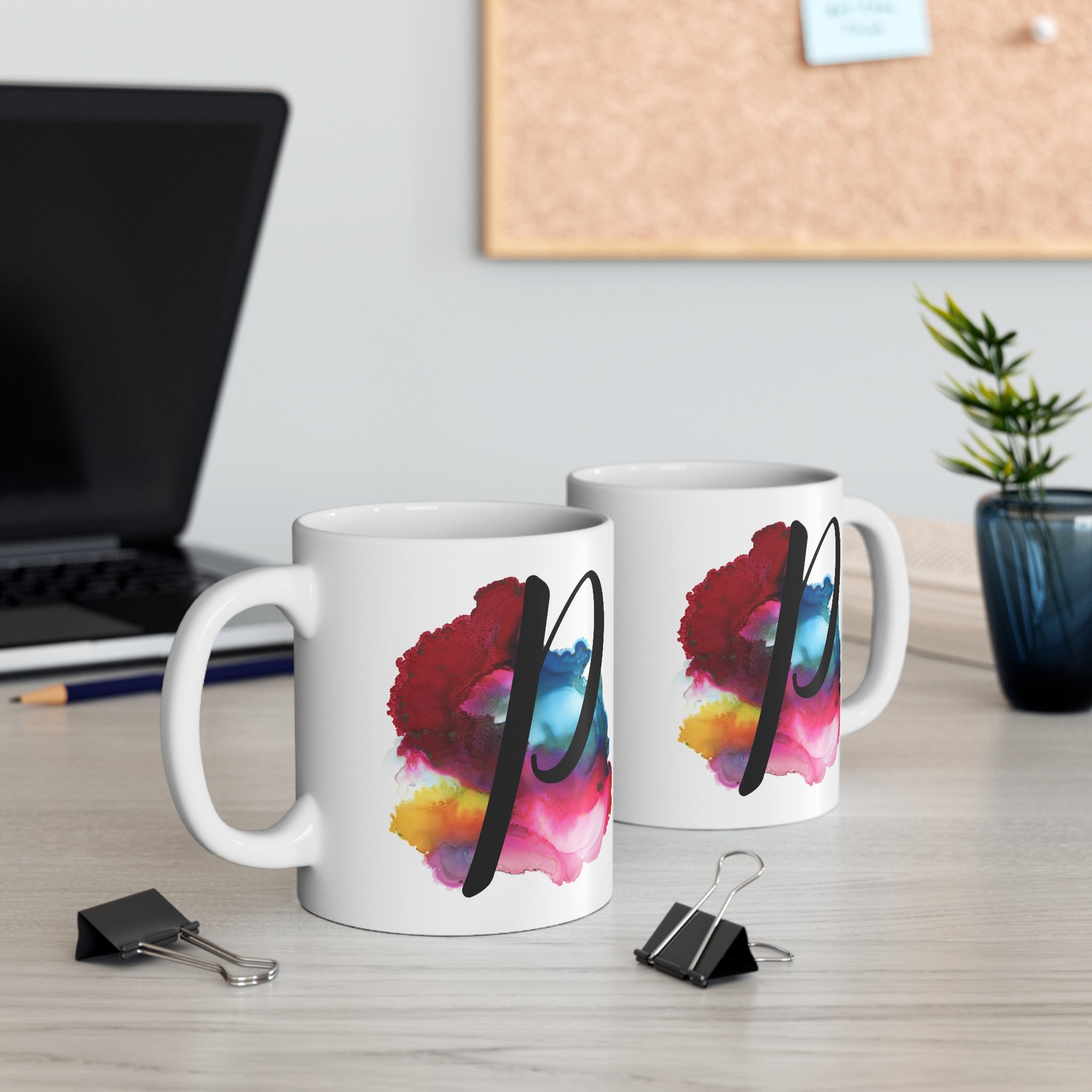 Personalized Initial Mugs - Abstract Color Splash Art Print - White ...