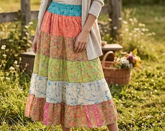 Falda larga de viscosa con patchwork bohemio: falda hippie con cintura fruncida de tres pulgadas