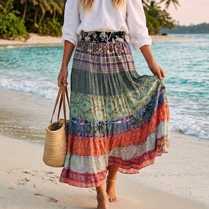 Boho patchwork viscose maxirok: 6 inch gesmokte tailleband hippierok