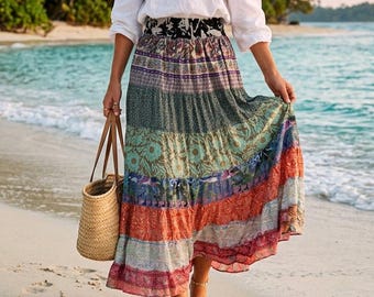 Boho-Patchwork-Maxirock aus Viskose: Hippie-Rock mit 15 cm breitem, gerafftem Bund