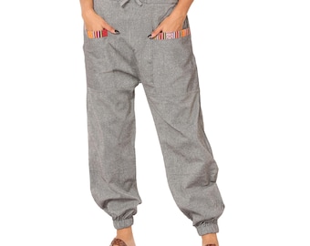 Boho Cotton Linen Harem Pants: Unisex baggy Yoga Trousers with front Pockets, Comfortable lounge pants, perfect for festivals or concert