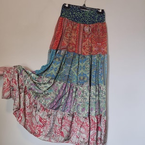 Bohemian Patchwork Silk Blend Smocked Waist Skirt: Elastic Waist Flowy Hippie Clothing