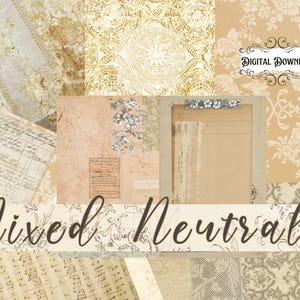 May include: Digital download of 10 vintage-style patterned papers in neutral colors. The patterns include lace, floral, and script designs. The papers are perfect for scrapbooking, card making, and other crafting projects.