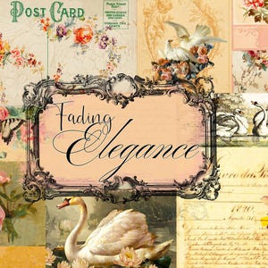 Kit complementario de fondo o efímeras, diarios basura, arte en papel, fabricación de tarjetas, álbumes de recortes, auténtico, vintage, sin IA, cisnes, rosas florales