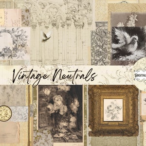 Op de afbeelding: Een digitale download van vintage afbeeldingen in neutrale tinten. De collage bevat afbeeldingen van bloemen, vogels, architectonische details en frames. De tekst "Vintage Neutrals" en "Digital Download" is opgenomen in de afbeelding.