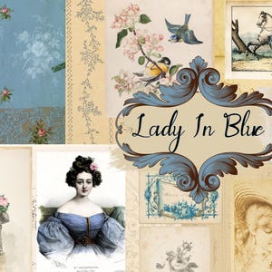 Lady In Blue Vintage Ephemera Add On Kit Colado Fundos Vitorianos Junk Journal Paper Arts Kit de Mídia Mista