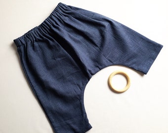 Blue Linen Baby Pants, Baby Harem Pants