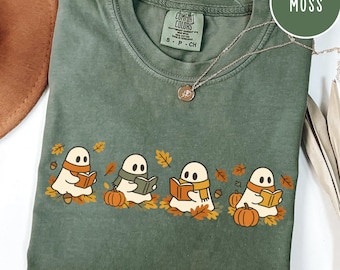 Cute Ghost Reading Halloween Shirt, Retro Spooky Season Teacher Tee, Book Lover Librarian Gift, Funny Book Club Cozy Comfort Colors TShirt