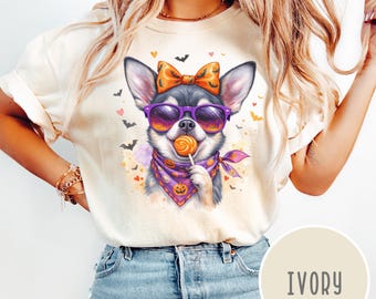 Funny Chihuahua Halloween Shirt, Spooky Ghost Dog Tee, Comfort Colors Halloween Dog Shirt, Trick or Treat Dog Lover Gift for Women