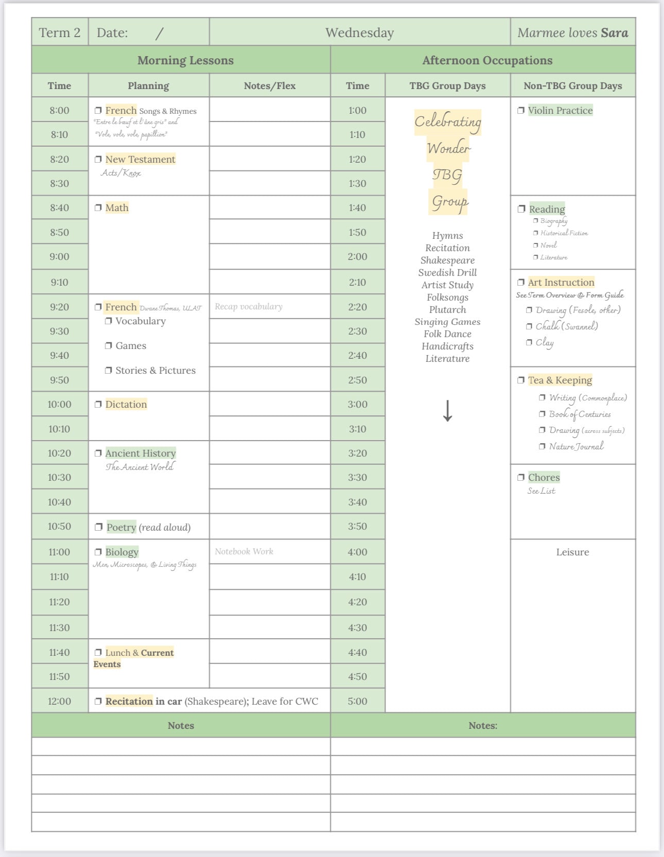 Charlotte Mason Student Planner/log Pages Green - Etsy