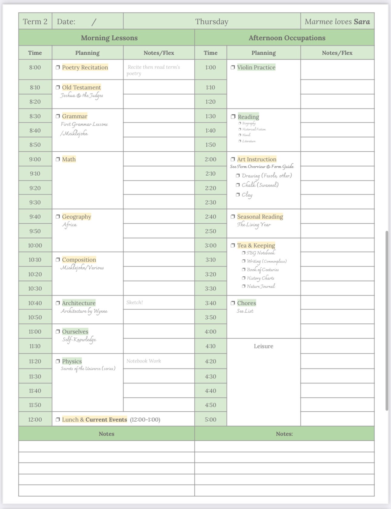 Charlotte Mason Student Planner/log Pages Green - Etsy