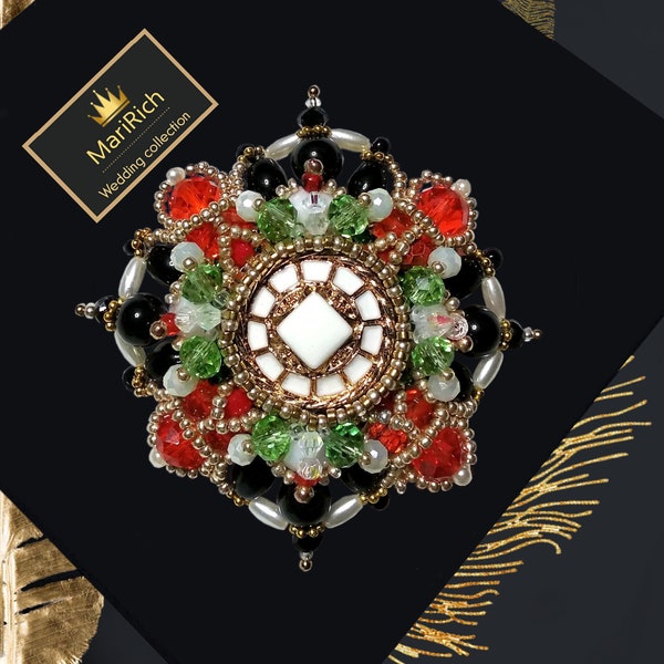 Magical colorful MariRich coat of arms brooch, medal, imperial order replica, Maltese cross in vintage style. Noble designer trend 2023. Unique