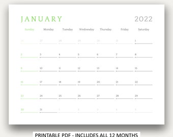 PRINTABLE 2022 Wall Calendar | Digital PDF Instant Download | 2022 Wall Planner | Monthly Calendar | 2022 Year Planner (Green / White)