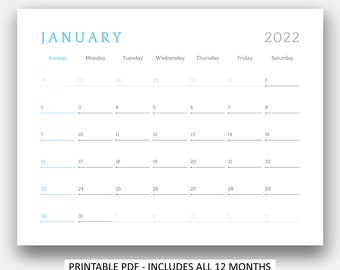 PRINTABLE 2022 Wall Calendar | Digital PDF Instant Download | 2022 Wall Planner | Monthly Calendar | 2022 Year Planner (Blue / White)