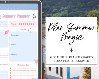 May include: A digital summer planner page featuring a light blue and white color scheme with pink accents. The layout includes sections for water tracking, daily meals, and a shopping list, decorated with small icons of cherries, a sun, and a moon.