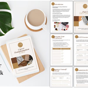 May include: A digital career transformation workbook displayed on a tablet screen, accompanied by multiple printed pages showing sections titled Introduction, Part 1 Reflect & Understand, Overcome Your Weaknesses, SWOT Exercise, and Part 2 Brainstorm & Discuss.