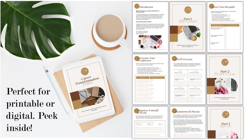 May include: A digital career transformation workbook displayed on a tablet screen, accompanied by multiple printed pages showing sections titled Introduction, Part 1 Reflect & Understand, Overcome Your Weaknesses, SWOT Exercise, and Part 2 Brainstorm & Discuss.