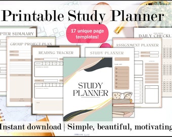 Pode incluir: Uma coleção de modelos de planejador de estudo imprimíveis com vários layouts, incluindo resumos de capítulos, rastreadores de leitura e listas de verificação diárias. A imagem apresenta o texto "Printable Study Planner" e "17 unique page templates!"