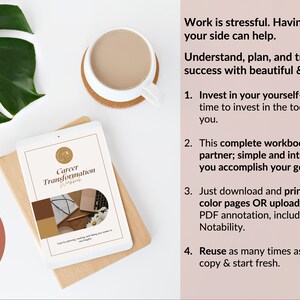 May include: A digital tablet displaying a Career Transformation Workbook cover with a beige and brown color scheme. The screen shows a circular logo, the title, and a small photo of a desk. Text on the right lists four points about the workbook.