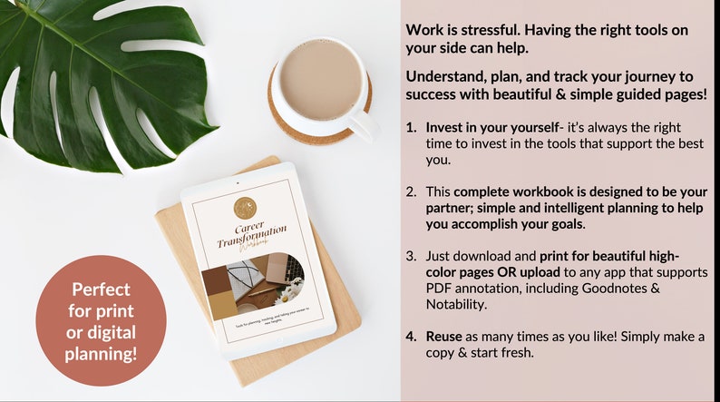 May include: A digital tablet displaying a Career Transformation Workbook cover with a beige and brown color scheme. The screen shows a circular logo, the title, and a small photo of a desk. Text on the right lists four points about the workbook.