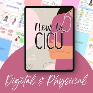 May include: A digital and physical study guide for the RN-NCLEX exam. The image features a tablet with the text "New to CICU" and a nurse illustration. Surrounding the tablet are various study materials, including "Foundations" and "Toolkit". The overall color scheme is pink and white.