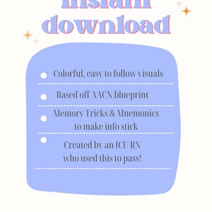 Op de afbeelding: Een digitale downloadafbeelding met de tekst "Instant download" in roze en blauw. De afbeelding bevat opsommingstekens met tekst over kleurrijke visuals, AACN-blauwdruk, geheugentrucs en inhoud gemaakt door ICU RN. Het RNCLEX-logo staat onderaan.
