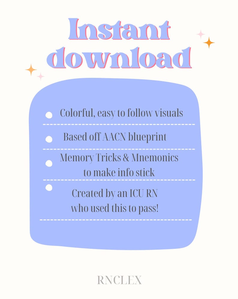 Op de afbeelding: Een digitale downloadafbeelding met de tekst "Instant download" in roze en blauw. De afbeelding bevat opsommingstekens met tekst over kleurrijke visuals, AACN-blauwdruk, geheugentrucs en inhoud gemaakt door ICU RN. Het RNCLEX-logo staat onderaan.