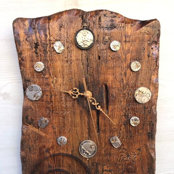 Wall clock, Wall clock made of old wood, Large wall clock, Rustik wall clock, Brown wall clock