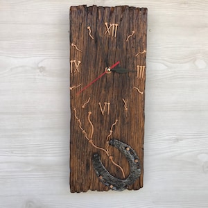 large wall clock, Wall clock with horseshoe, Wood wall clock, Vintage wall clock, Handmade wall clock, Custom gift, Art home decor