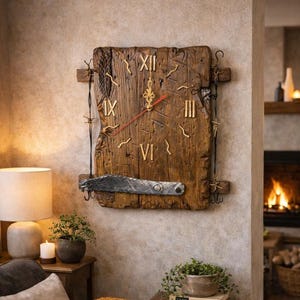 Reloj de pared grande de madera, Reloj de pared vintage, Reloj de pared hecho a mano de madera antigua, Reloj de pared rústico, Madera 100% natural y herramientas, Reloj de pared de madera