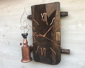 Handmade wall clock with gas lamp, Vintage wall clock, Unique wall clock, Rustic wall clock, Modern wall clock, Gift for him, Wall clock