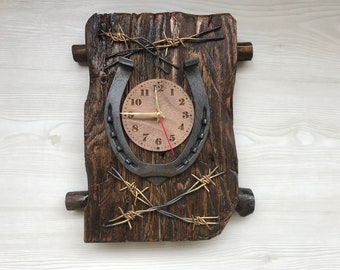 Reloj de pared de herradura hecho a mano – Reloj vintage de madera rústica – Reloj de cuarzo silencioso – Decoración del hogar estilo western – Regalo para él y su familia