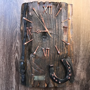 Personalized clock with horseshoes, Personalized clock with engraved date, vintage wall clock, Wood wall decor, Metal wall clock, Home decor