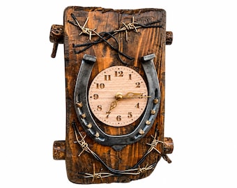 Wandklok met hoefijzer, cowboywanddecor, rustieke ranchklok, mangrotdecor, uniek cadeau voor cowboy, decor Wilde Westen