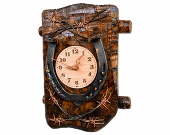 Westelijke wandklok met hoefijzer, cowboymuurdecoratie, rustieke ranchklok, mangrotdecor, uniek cadeau voor hem