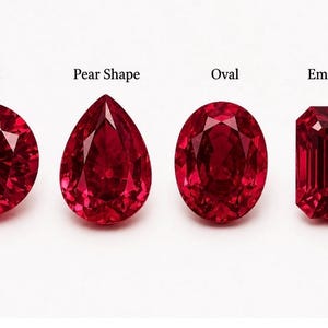 May include: Four red gemstones in different cuts: round, pear shape, oval, and emerald cut. The gemstones are displayed against a white background. The text above each gemstone indicates the cut.