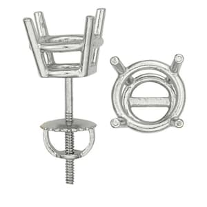 May include: Two silver-colored earring settings. One setting is upright, showing the post and screw back. The other setting is a top-down view, displaying the circular design with four prongs to hold a gemstone. Jewelry making supplies.