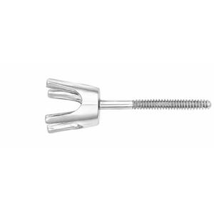 May include: A silver-toned metal earring setting featuring a four-prong basket designed to hold a gemstone. The component includes a threaded post with a screw-back mechanism, providing a secure attachment for the earring to be worn on the earlobe.