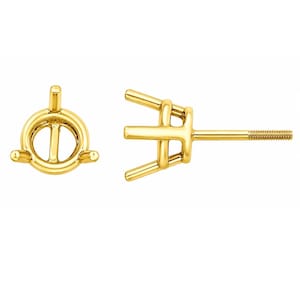 May include: A pair of gold earring settings featuring a three-prong basket design. One setting is shown from a top-down perspective, while the other is shown from the side, displaying the threaded post intended for a secure earring back attachment.