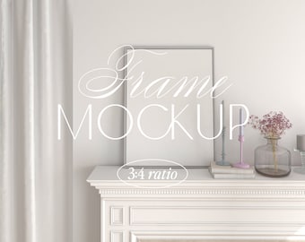 Classic white interior frame mockup, Minimalist poster mockup, Frame on fireplace, Art mockup, Pastel, White frame mockup, Light interior