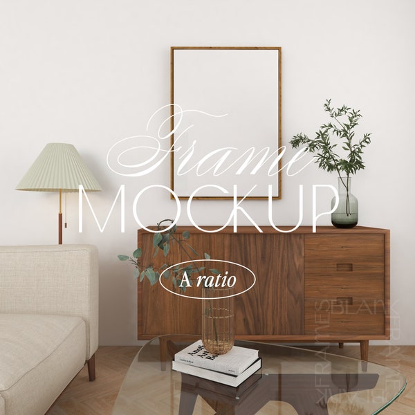 Wooden frame mockup, Mid century interior mockup, Wooden frame mockup, Poster mockup, Living room mockup, Frame on wall, Light room mockup