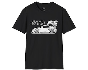 May include: Black t-shirt with a white outline of a sports car and the words "GT3 RS". The car is shown in profile, highlighting its aerodynamic features. The t-shirt has a simple crew neck design.
