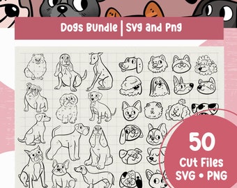 Op de afbeelding: Een zwart-witte illustratie van 50 verschillende hondenrassen. De afbeelding heeft de titel "Dogs Bundle | SVG and PNG" en bevat de tekst "50 Cut Files SVG - PNG".