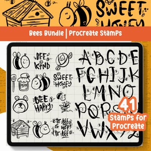 May include: A set of 41 Procreate stamps featuring bees, honey, flowers, and a bee-themed alphabet. The stamps are black and white and have a hand-drawn style.