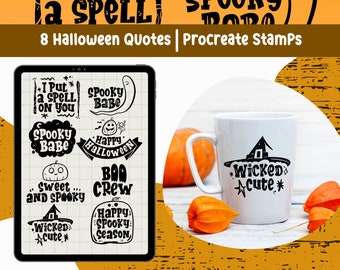 May include: A digital tablet screen displaying eight Halloween-themed quotes in black text on a white background. The quotes include "I Put a Spell on You", "Spooky Babe", "Happy Halloween", "Sweet and Spooky", "Boo Crew", "Wicked Cute", and "Happy Spooky Season".