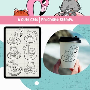 May include: Six black and white illustrations of cute cats on different inflatable pool floats. The illustrations are on a digital tablet screen. The text "6 Cute Cats | Procreate Stamps" is at the top of the screen. A hand is holding a paper coffee cup with one of the illustrations printed on it.